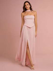 Enchnt Women's Elegant Strapless High-Slit Midi Dress, Pink - Pink - View 6