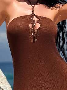 Swim Vcay Women's Shades Of Brown Neck Tie-Up Beaded Maxi Dress, Backless Extra Long Bohemian Beach Cover-Up,Autumn Casual Beach Vacation Holiday Everyday - Rust Brown - View 5