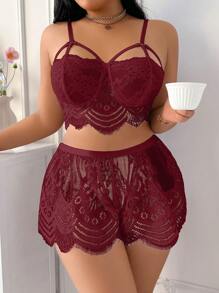 Sexy Große Größen Spitzen-Bralette-Top und Cut Out Spitzen-Shorts Set, verführerische Dessous - Bordeaux - Übersicht 3