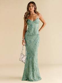 SHEIN BAE Váy thêu kim tuyến thanh lịch cho nữ, mùa hè - Màu xanh Bạc hà - Xem 1