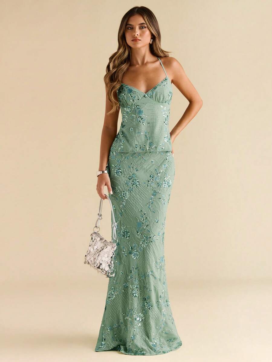 SHEIN BAE Váy thêu kim tuyến thanh lịch cho nữ, mùa hè - Màu xanh Bạc hà - Xem 1