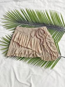 Soleia Women's Vacation Beige Knitted Textured Asymmetrical Hem Ruffle Tie Front Mini Skirt, Suitable For Party, Sexy, Valentine's Day, Date, Afternoon Tea, City Vacation, Western, Music Festival, Beach, Summer Beach Cover Up Skirt Ruffle Skirt Swimsuit Cover-Up Bikini Cover Up Skirt Bathing Suit Cover Up Skirt - Khaki - View 3