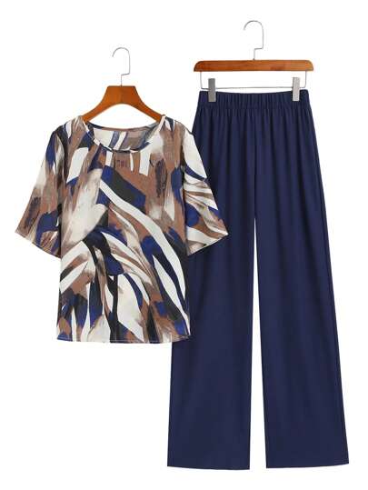 EMERY ROSE 2 Pieces Set: Women Summer All Over Print Round Neck Short Sleeve Top And Pants