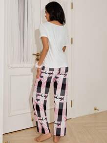 甜美蝴蝶结格子印花女士睡衣套装，休闲