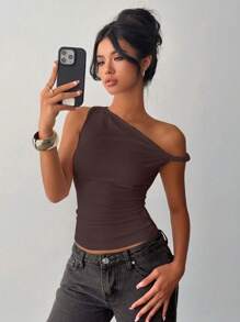 Women's Casual Asymmetrical Neck Top, Solid Color For Summer