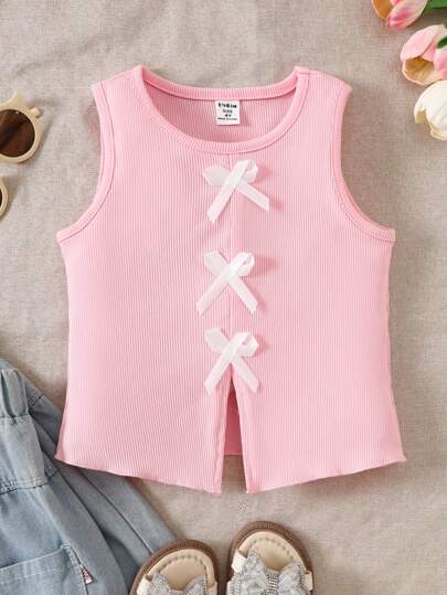 SHEIN 女童粉色蝴蝶结装饰无袖背心