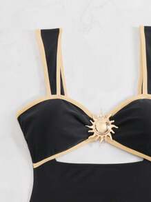 SHEIN Swim Chicsea 夏季海滩女士黑白太阳形状装饰连体泳衣，优雅/休闲舒适度假/沙滩装泳装 - 黑色 - 查看 4