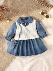 SHEIN Vintaside Kids 2 件装女婴牛仔连衣裙和粗针织背心套装，秋冬 - 藍色 - 查看 1