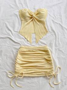 Soleia 2pcs Women Holiday Summer Solid Color Twist Bandeau Top & Drawstring Waist Bodycon Mini Skirt Set - Yellow - View 4