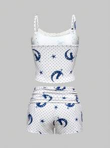 ROMWE Dark Gothic Sun, Moon, Star & Cat Floral Lace Trim Spaghetti Strap Shorts Pajama Set, Casual - White - View 2