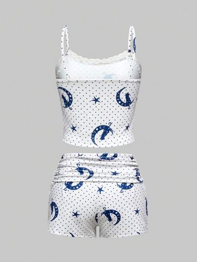 Goth Dark Gothic Sun, Moon, Star & Cat Floral Lace Trim Spaghetti Strap Shorts Pajama Set, Casual