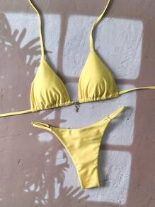 Swim Chiccia Women's Solid Color Halter Metal Pendant Jewelry Set, Sexy Thong Bikini Swimsuit For Summer - Yellow - View 3