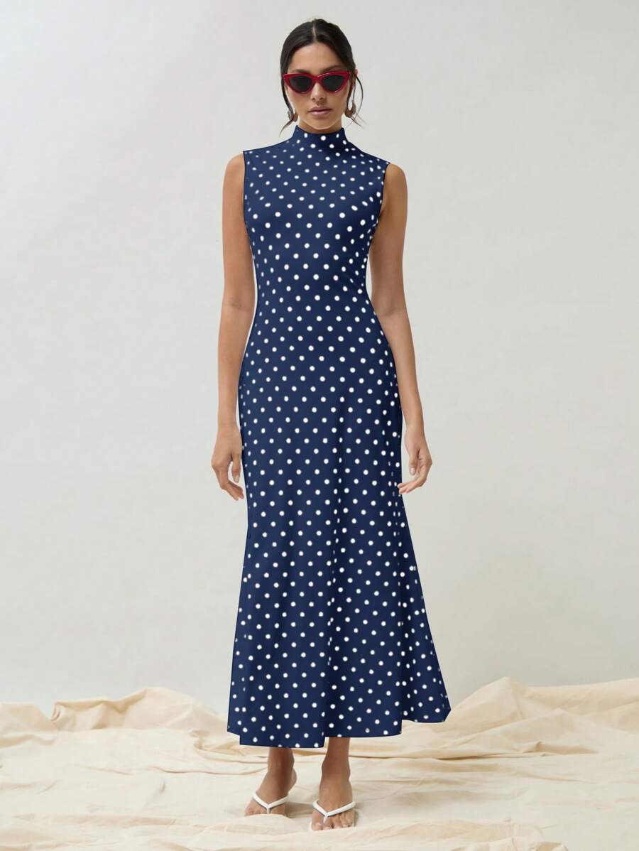 COSMINA 优雅女士春秋波尔卡圆点印花立领无袖鱼尾长款复古风格优雅连衣裙