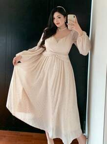 Dazy Plus Vestido plus size de chiffon com lantejoulas, laço na cintura e mangas bufantes. Ideal para o outono, festas de formatura e eventos formais. Vestido elegante para mulheres. - Damasco - Ver 5