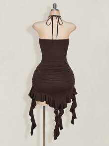 SHEIN ICON 加大码 Y2K 复古波西米亚风棕色不对称下摆荷叶边交叉挂脖修身连衣裙、西部风、节日装 - 棕色 - 查看 2