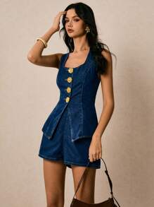 Poéselle 新款女牛仔套装无袖马甲两件套金属纽扣装饰深蓝色牛仔两件套法式优雅休闲外出服秋季女装老花商务休闲女 - 深色水洗藍 - 查看 6