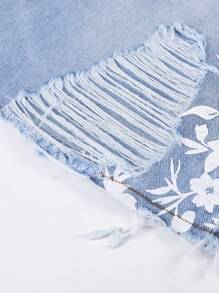 Manfinity EMRG Men's Casual Washed Floral Print Ripped Denim Shorts, Hawaii - Light Wash - View 7