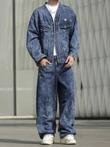 Manfinity EMRG 大码男士水洗牛仔夹克和牛仔裤套装，秋季服装 - 深色水洗藍 - 查看 1