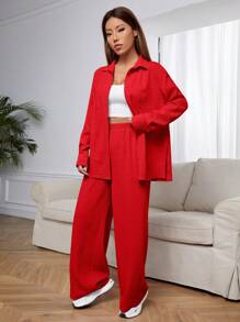 SHEIN EZwear Red Woven Casual Women's Long Sleeve And Long Pants Set Women Red Outfit - Red - View 4