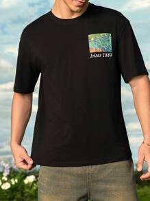 SHEIN Touch of Art 男士鸢尾花图案黑色短袖圆领T恤 - 黑色 - 查看 2