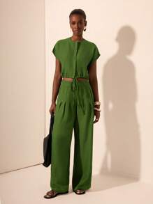 Zivah Conjunto de 2 piezas de top con manga corta y cuello redondo, bajo con cordón, y pantalones con bolsillo plisado, hecho de una mezcla de lino texturizado verde. Adecuado para primavera y verano, festivales de música, Pascua, Día de San Patricio, estilo occidental, nómada, fiestas de cumpleaños, graduación, estilo universitario, uso casual diario, básico versátil, ocio, cruceros, playa, tomar el sol, viral, ropa de calle, atuendo de invitado de boda.