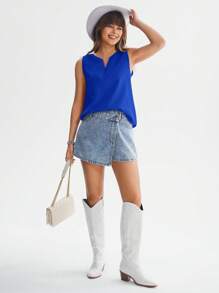 SHEIN LUNE Áo sơ mi nữ màu trơn Giải trí - Xanh đậm - Xem 3