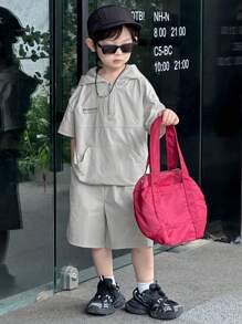 Dazy Kids 年轻男孩2件套 - 字母印花连帽衬衫+短裤，夏季服装 - 淺灰色 - 查看 4