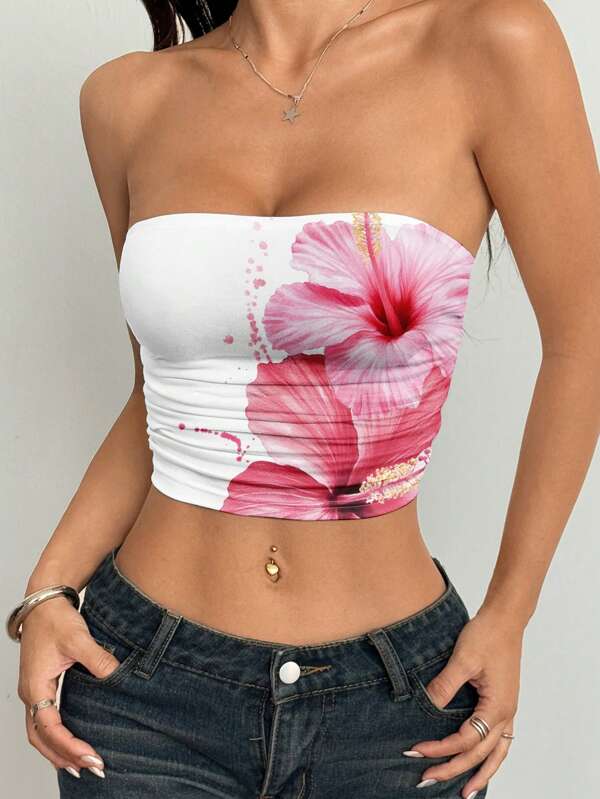 SHEIN EZwear Top camisole versatil, ocazional, minimalist, încrustat, cu imprimeu floral, potrivit pentru nunți, vacanțe, festivaluri de muzică, vară