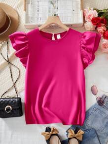 Teen Girls Solid Color Layered Ruffle Sleeve Blouse