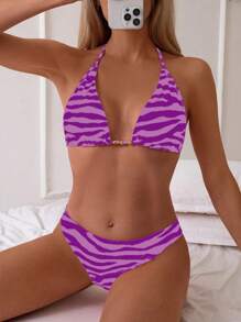 SHEIN Swim 2件組斑馬紋V領比基尼泳衣套裝，適合夏季海灘度假 - 彩色 - 查看 5