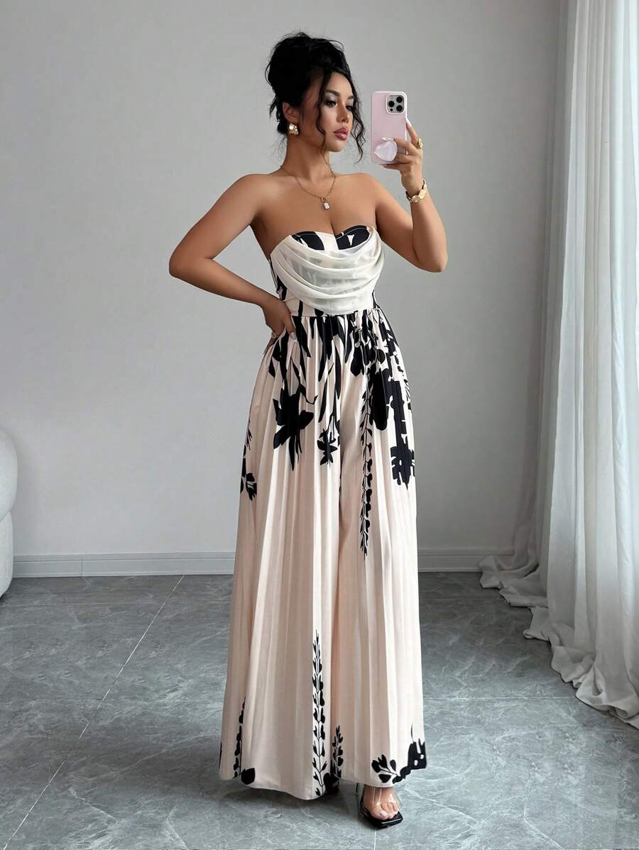 SHEIN Elenzya Elegant Romantic Women's Sleeveless Ruffled High Waist Printed Jumpsuit - Multicolor - View 1