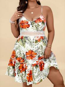 SHEIN VCAY Plus Size Casual Tropical Print Sleeveless Dress - White - View 3