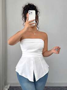 Elenzga Plus Size Women Strapless Textured Knitted Tube Peplum Top, Back Drawstring Design, Fashionable Casual Sexy Blouse, Suitable For Spring Summer Wear