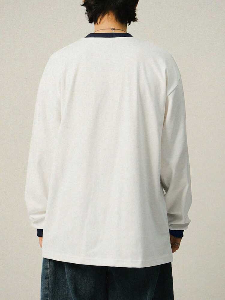 Spring Men's White T-Shirt With Airplane Pattern, Letter Print And Contrast Collar & Cuff