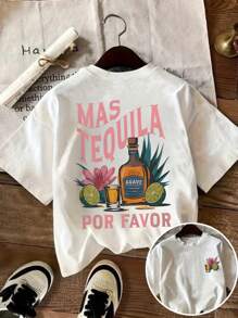 Tequila Cocktail Margarita Glass Beverage Lemon Flower Tree Leaf Letter Print Round Neck Casual Women T-Shirt, Lightweight Spring/Summer Sportswear - White - View 1