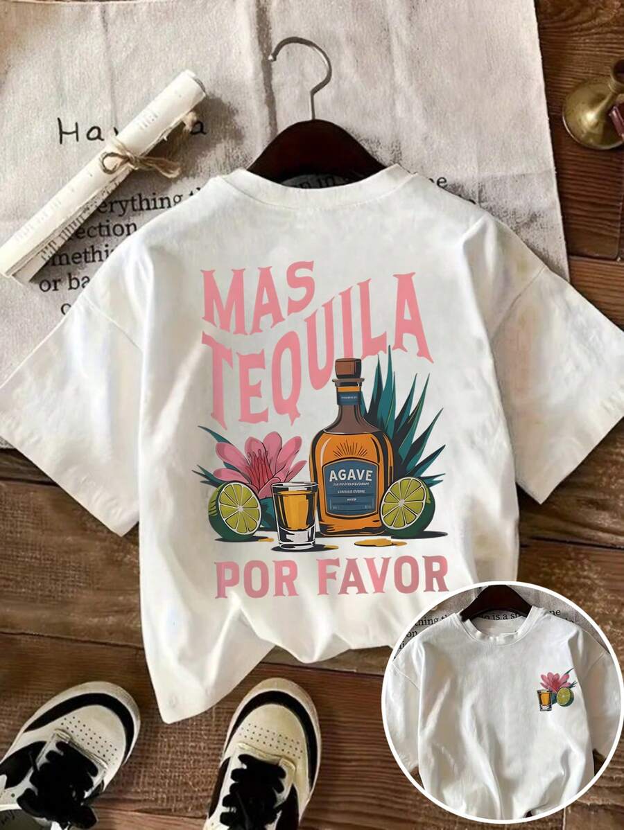 Tequila Cocktail Margarita Glass Beverage Lemon Flower Tree Leaf Letter Print Round Neck Casual Women T-Shirt, Lightweight Spring/Summer Sportswear - White - View 1