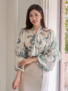 DAZY 女士优雅花卉泡泡袖灯笼袖领结衬衫，春季、秋季女装长袖上衣