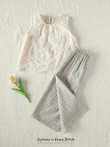 Cozy Pixies 女婴花卉印花圆领无袖上衣和条纹抽绳腰部休闲裤两件套服装 - 杏色 - 查看 4