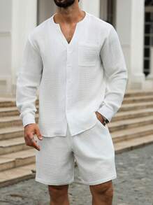Manfinity Homme 男士纯棉长袖衬衫和短裤套装 - 白色 - 查看 5