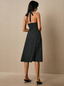 Poéselle 女式夏季波尔卡圆点印花复古优雅吊带中长连衣裙