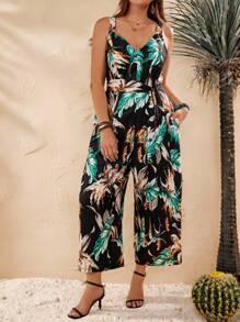 EMERY ROSE Mono de verano con estampado tropical y bolsillos para mujer de talla grande - Multicolor - Ver 1