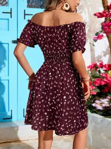 SHEIN VCAY Vestido de playa para mujer de talla grande con hombros descubiertos, volantes y cintura alta, para verano - Burdeos - Ver 2