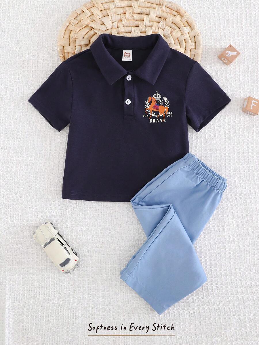 Cozy Pixies 2件套男童卡通马图案针织柔软翻领短袖上衣配松紧腰裤套装 - 彩色 - 查看 1