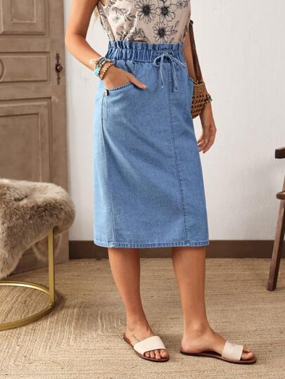 EMERY ROSE Plus Size Jednolita Kolorowa Papierowa Torba Talia Kieszonka Krawat Swobodna Dżinsowa Mini Spódnica