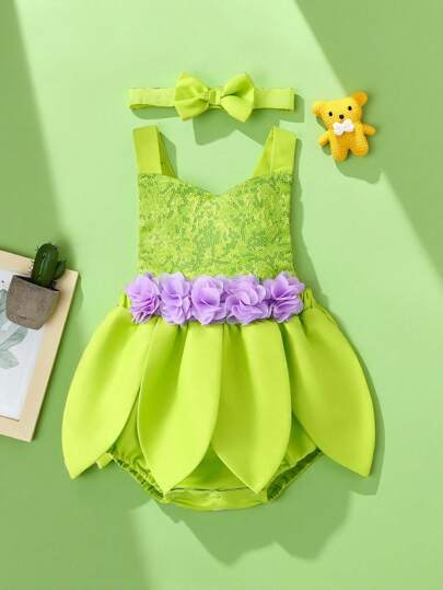 SHEIN Baby Girl Green Adjustable Strap Sequin Print Bodysuit & Purple High Waist Floral Ruffle Skirt Set, Summer