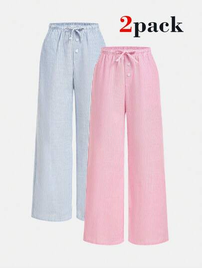 SHEIN Girlism 2 件套青少年女孩蓝色和粉色条纹宽松裤子，休闲日常百搭时尚