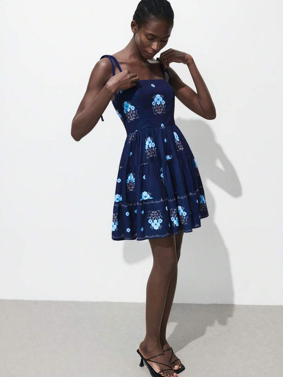 Maija 女式度假休闲花卉印花吊带背心迷你连衣裙 - 藍色 - 查看 1