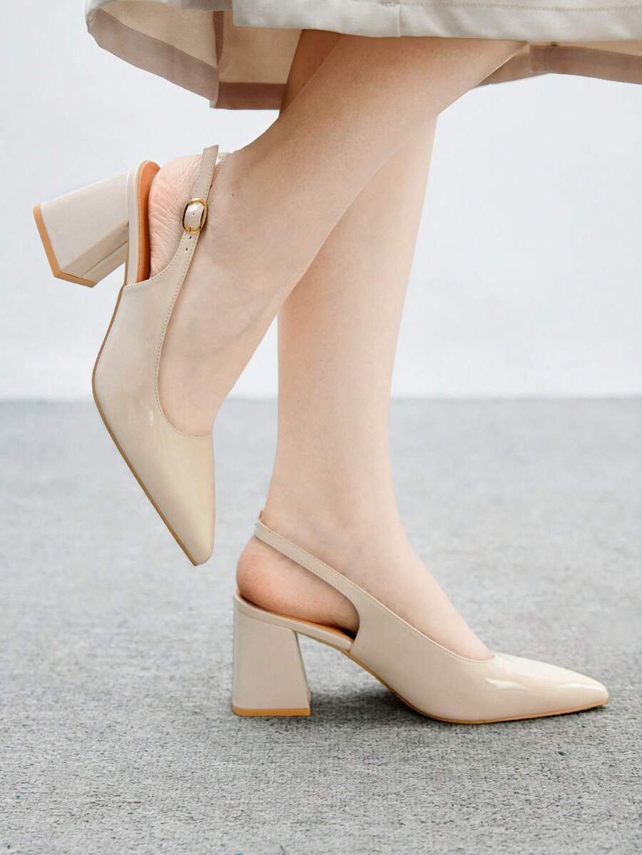 CUCCOO BIZCHIC 女士时尚米色露背尖头粗跟鞋，经典简约设计，适合通勤、约会、派对、度假、婚礼 - 米色 - 查看 1