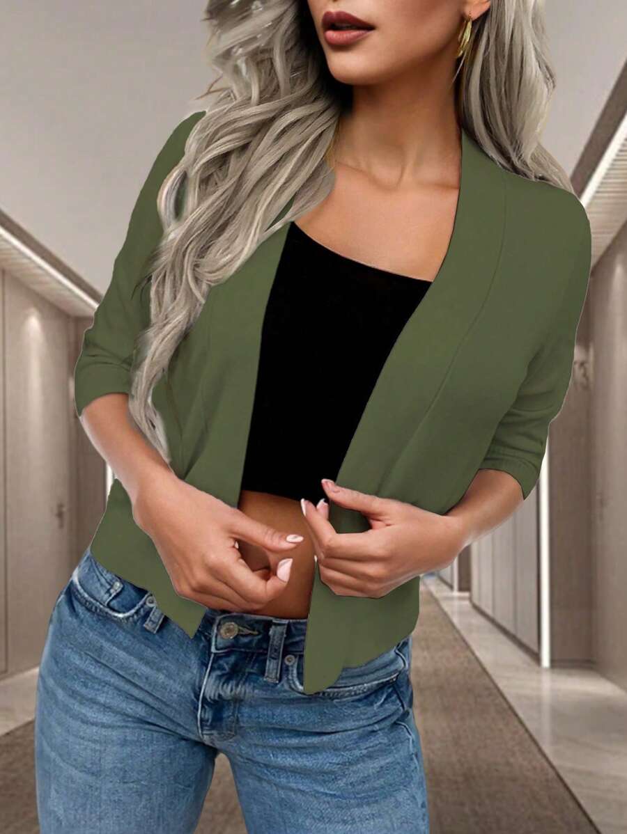 Pariaura Women Solid Color V-Neck Short Sleeve Cardigan - Army Green - View 1