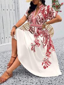 SHEIN Clasi Plus Size Stand Collar Print Waist Gathered Tiered Swing Dress, Casual Holiday Going Out Maxi - Multicolor - View 7